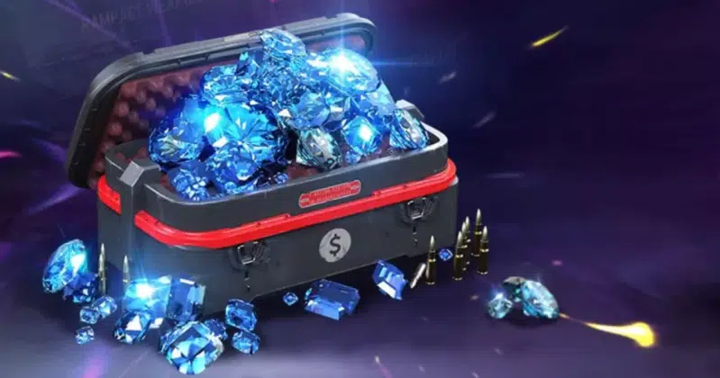 Diamantes do jogo free fire dentro de um baú.