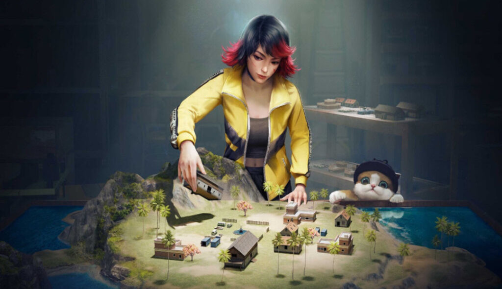 personagem do jogo de cabelo curto monta mapa de maquete