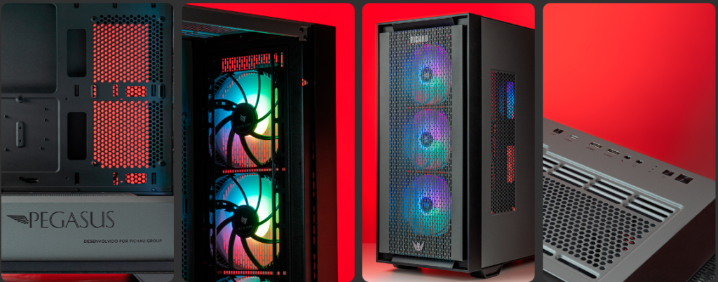 Gabinete gamer em diversos ângulos