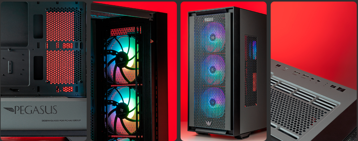 Gabinete gamer em diversos ângulos