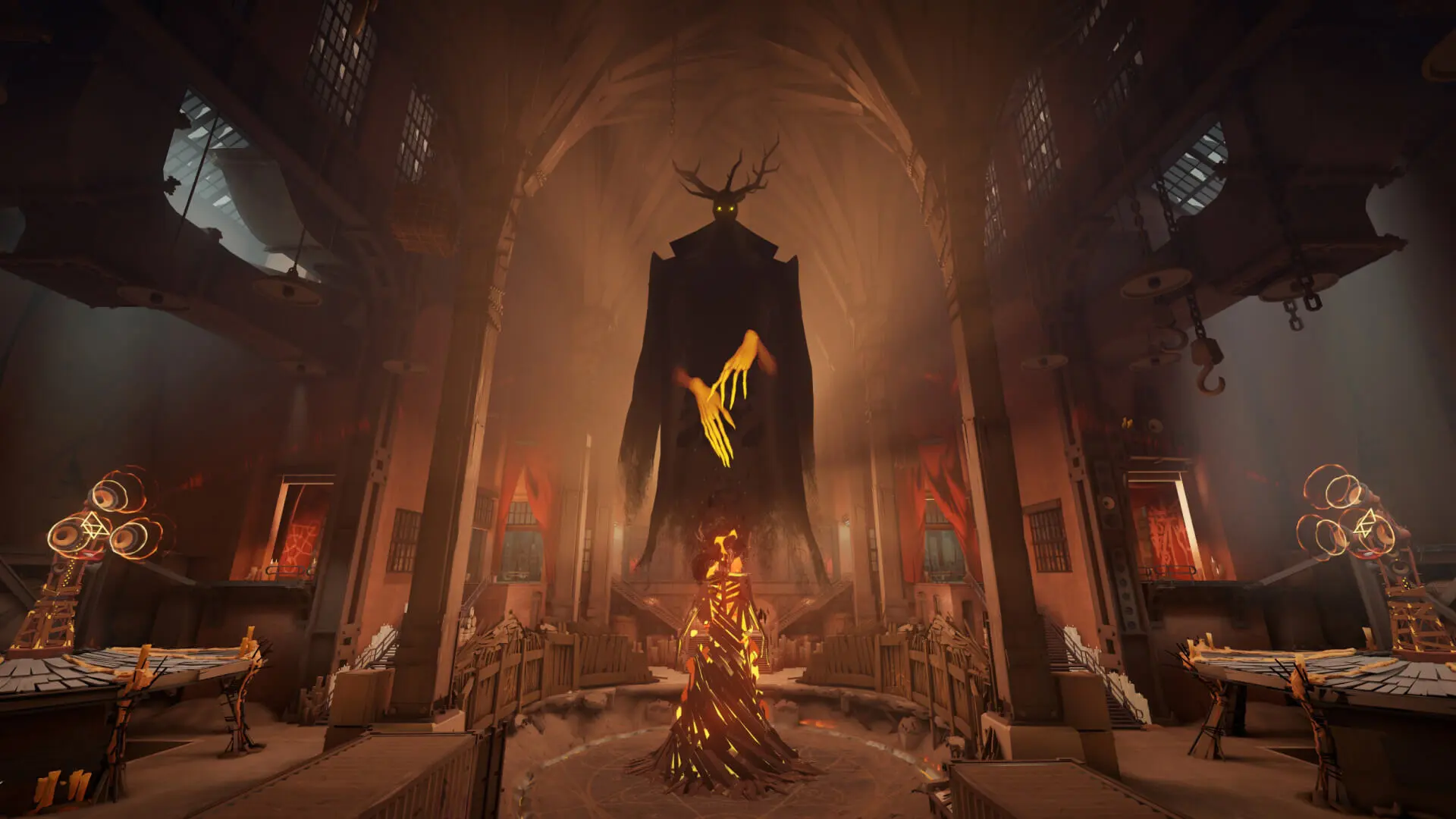 Criatura sombria, iluminada por luzes em um salão principal de deadlock.
