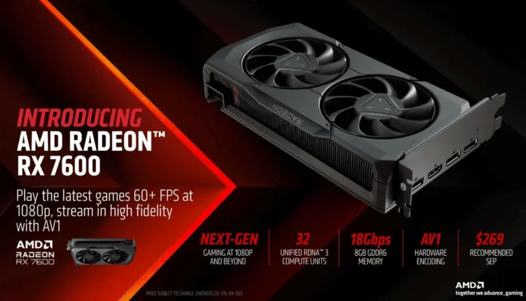 RX 7600 vs. RTX 4060: Qual é a Melhor Placa de Vídeo para Jogos em 1080p? 4 Placa de vídeo AMD Radeon, em frames vermelhos.