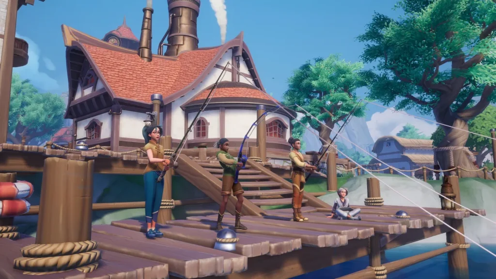 Imagem do jogo Palia, com vários NPCs enfileirados pescando numa vila muito charmosa e arborizada.