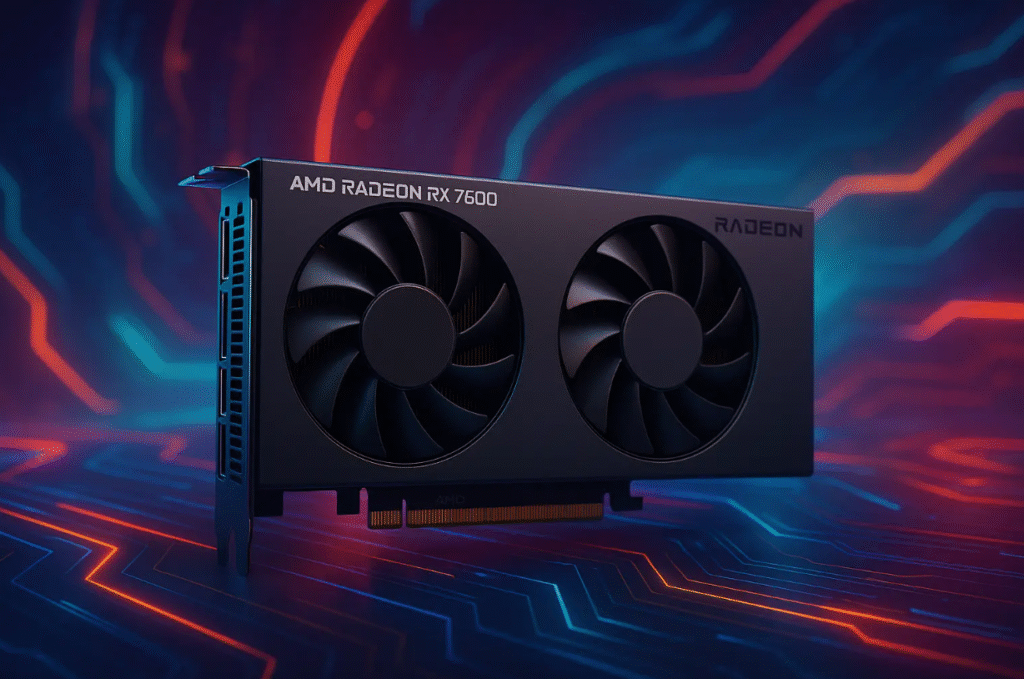 Placa de vídeo AMD Radeon RX 7600 com cooler duplo e conector PCIe
