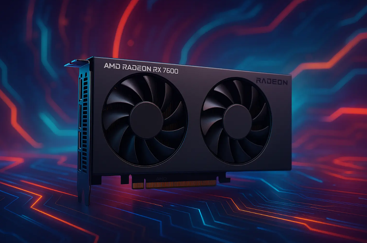 Review da Radeon RX 7600: custo-benefício ideal em 2026 1 Placa de vídeo AMD Radeon RX 7600 com cooler duplo e conector PCIe