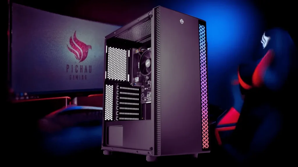 Gabinete gamer pichau preto com fundo de um setup completo.
