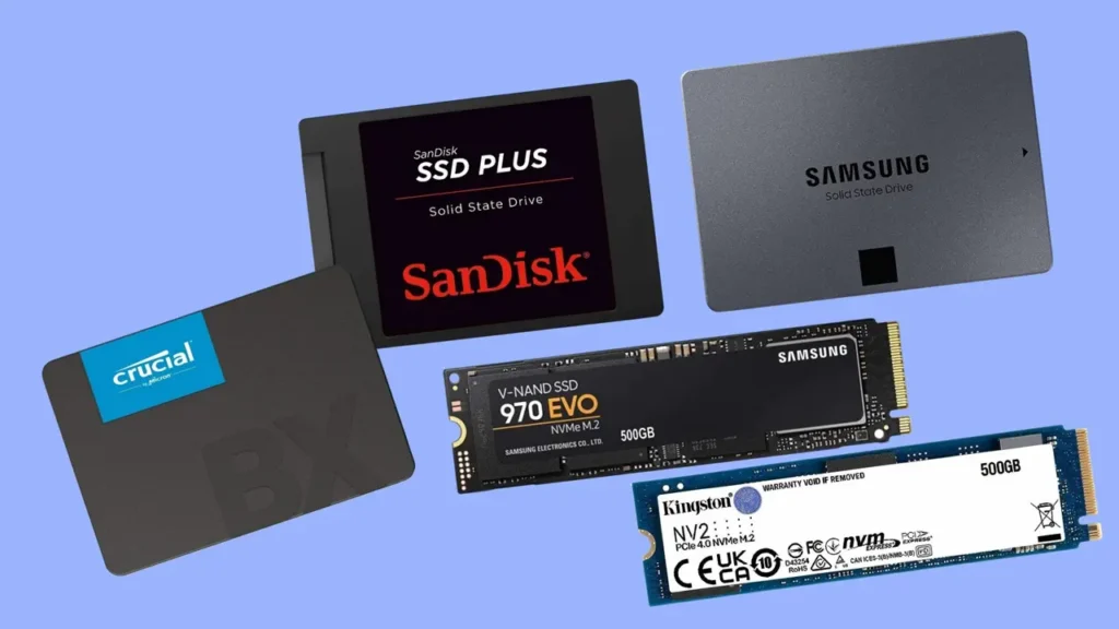 Diversos modelos de SSDs de diferentes marcas, incluindo SanDisk, Samsung, Crucial e Kingston.