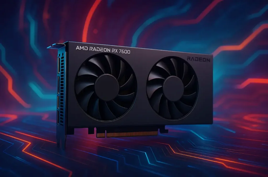 Placa de vídeo AMD Radeon RX 7600 com cooler duplo e conector PCIe.