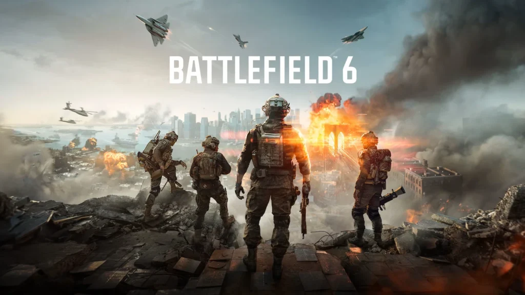 Poster de Battlefield 6 com fundo de batalha e alguns personagens em destaque no meio dela para representar os requisitos mínimos.