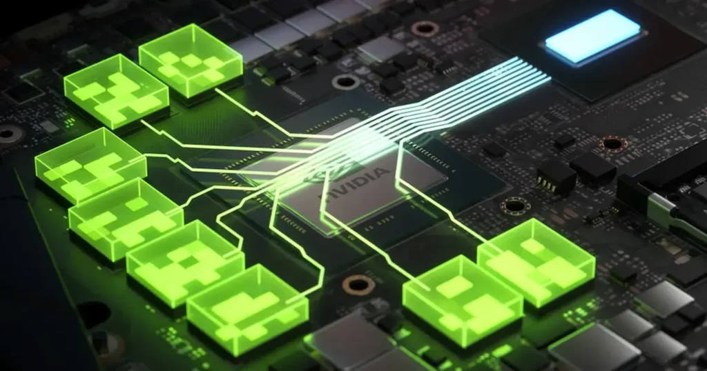 Chip NVIDIA com conexões digitais e blocos verdes simbolizando processamento gráfico.