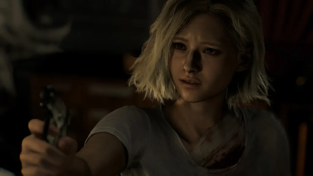 Personagem de Resident Evil Requiem loira de blusa branca com semblante confuso.