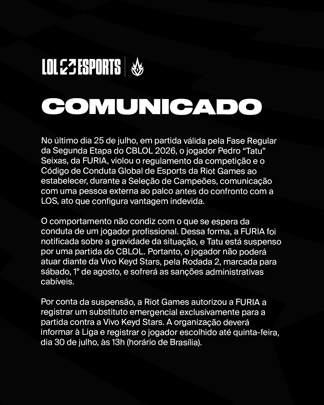 LoL: FURIA Tatu sofre punição da Riot Games; entenda 2 LoL: FURIA Tatu sofre punição da Riot Games; entenda comunicado punicao tatu