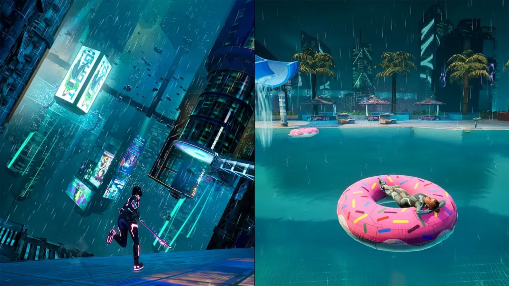Cenários futuristas de jogos multiplayer para PC com personagens em cidade neon, chuva e piscina.