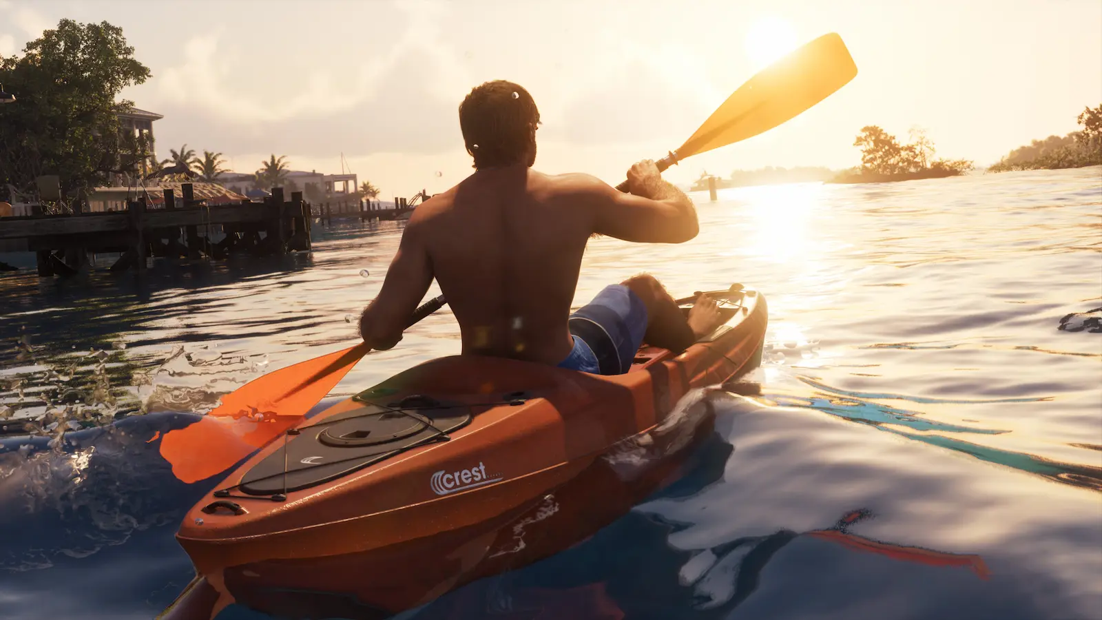 Pessoa remando em um caiaque ao pôr do sol, em cenário costeiro de GTA 6.