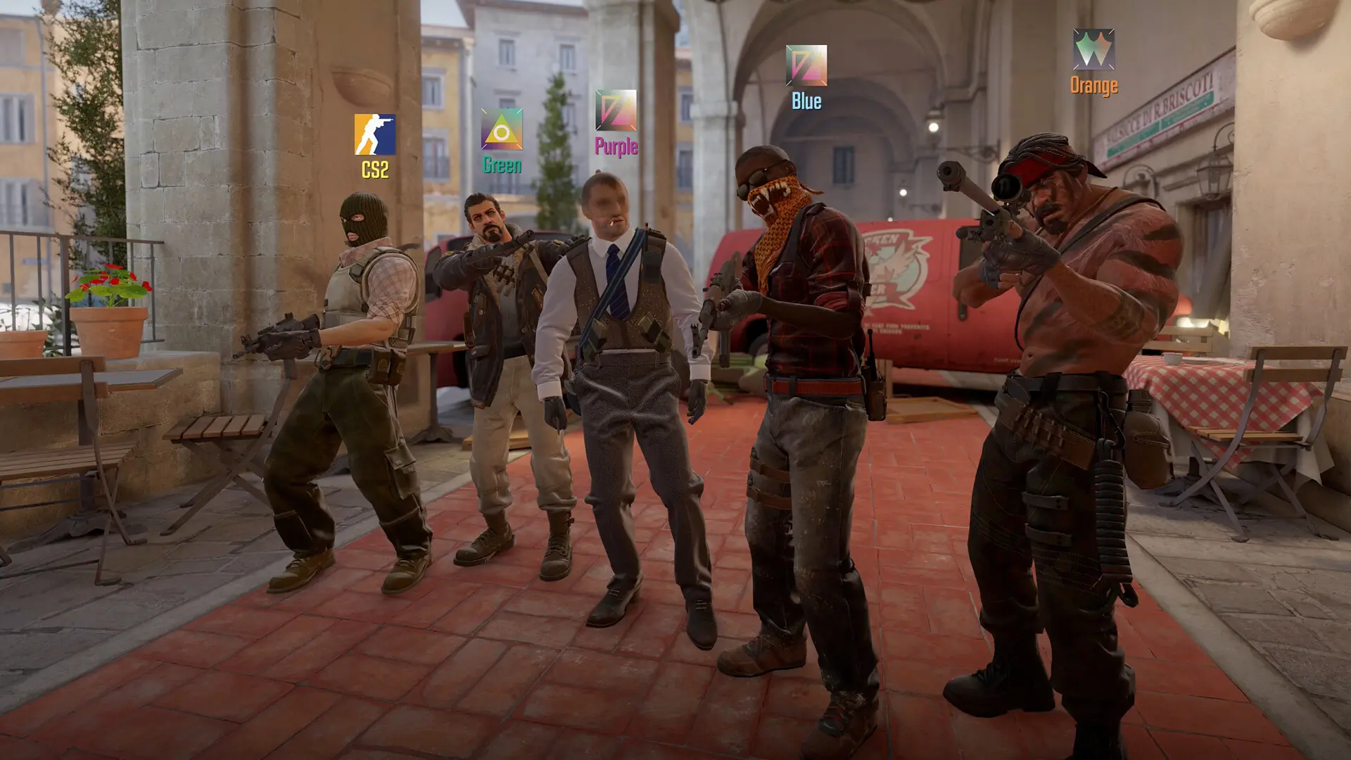 Personagens de Counter-Strike 2 alinhados em mapa do jogo, enquanto seguram armas.