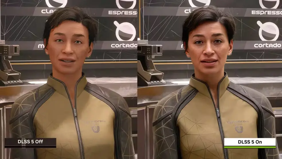 O que é DLSS 5: tudo que você precisa saber 3 Personagem feminina em dois frames comparativos (DLSS 5 ativo e não ativo), mostrando seus principais benefícios práticos na hora do jogo.