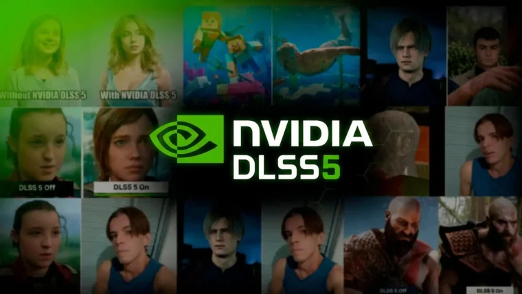 Pôster promocional do DLSS 5 da NVidia, uma tecnologia de melhoria para os jogos.