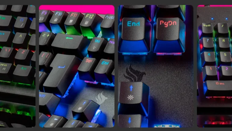 Close de teclado magnético gamer com teclas iluminadas por RGB em diferentes ângulos.