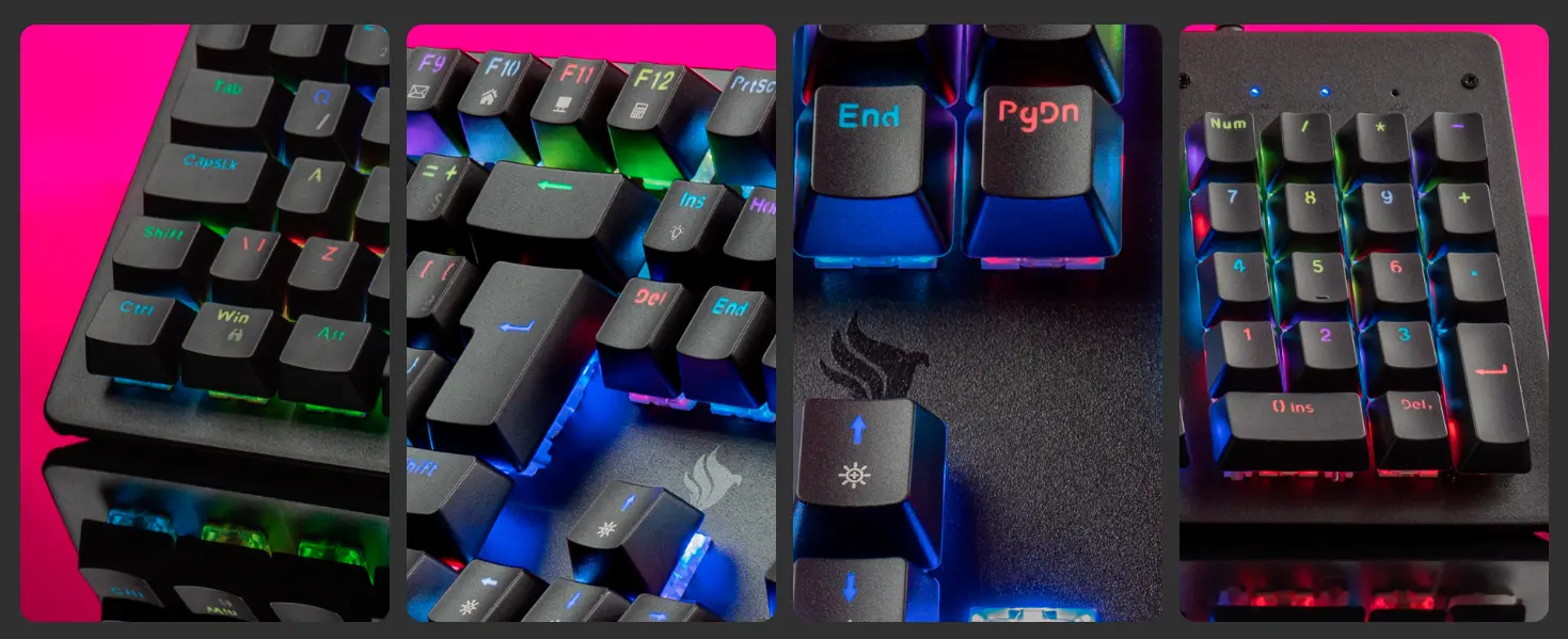 Close de teclado magnético gamer com teclas iluminadas por RGB em diferentes ângulos.