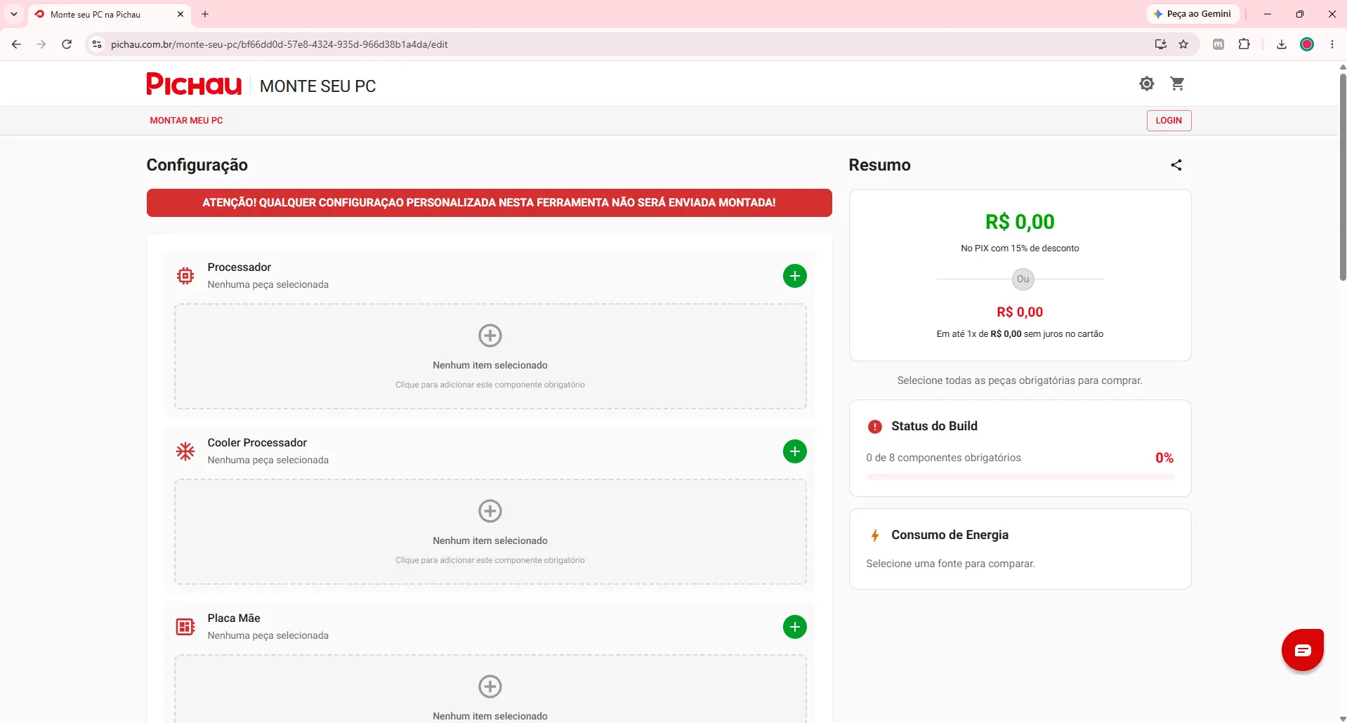Interface do site Pichau, na aba de montagem do pc personalizado.