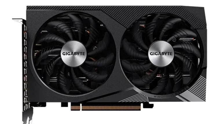 Placa de vídeo RTX 3060 preta com detalhes.