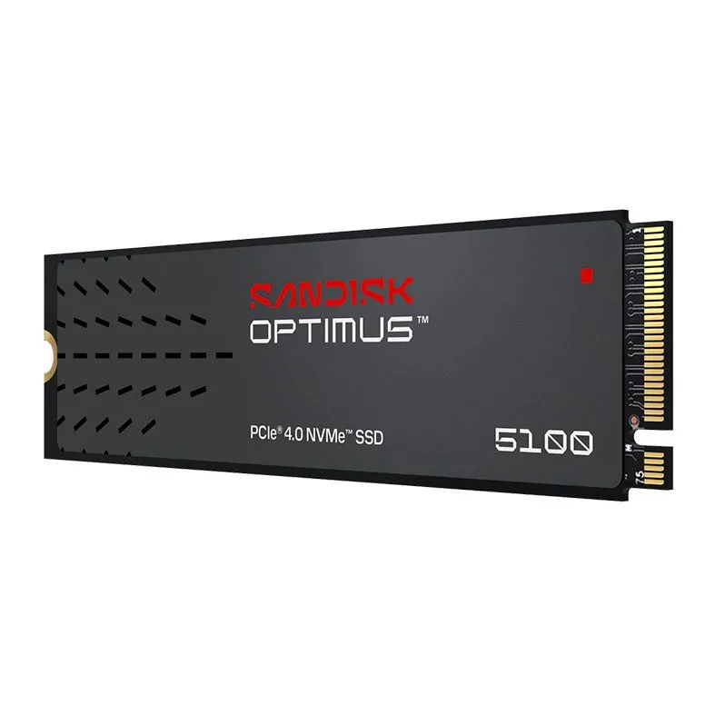SSD Sandisk Optimus 5100 NVMe PCIe 4.0 com acabamento preto e conector dourado sobre fundo branco.