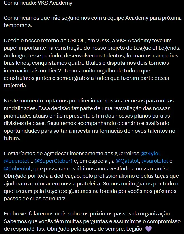 LoL: Vivo Keyd Stars anuncia fim da equipe Academy 2 LoL: Vivo Keyd Stars anuncia fim da equipe Academy vks academy
